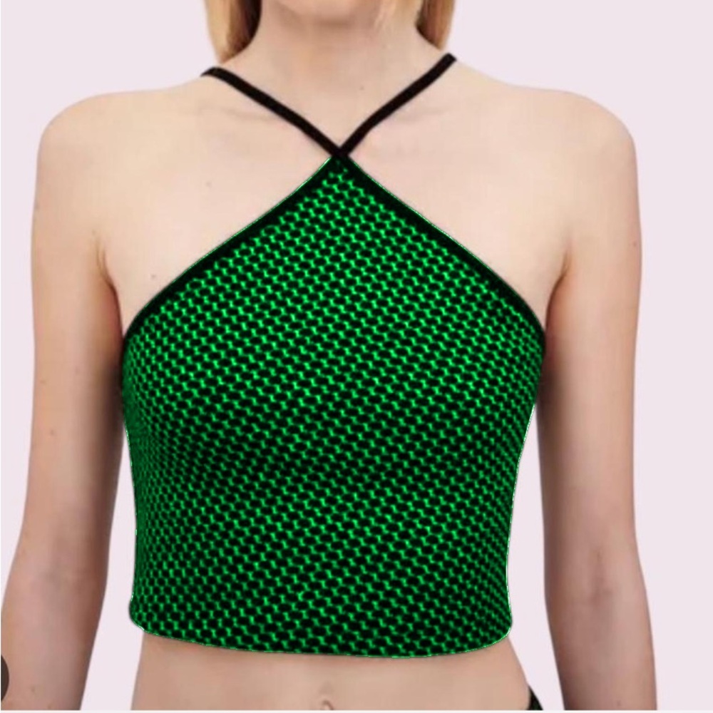 [ ZARA ] Black & Green Jacquard Cross Front Crop Halter Top : XS : Like New